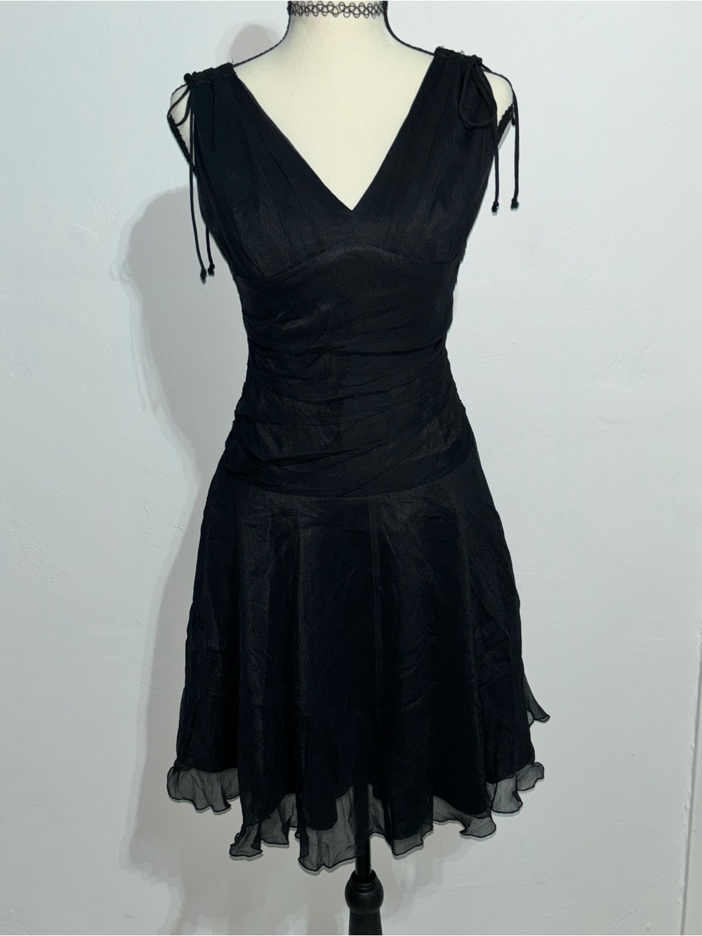 Express Black V-Neck Mini Silk Dress with Shoulder Ties